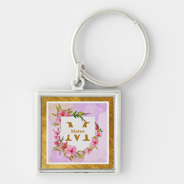 Watercolor Flower Gold Frame | Custom Name Key Ring (Front)