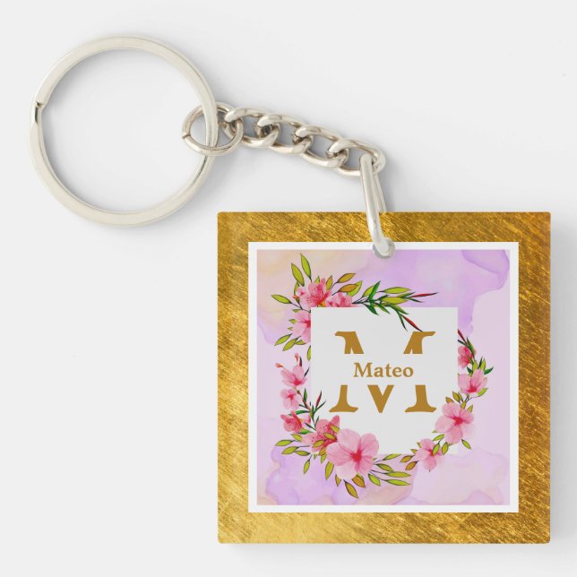 Watercolor Flower Gold Frame | Custom Name Key Ring (Front)