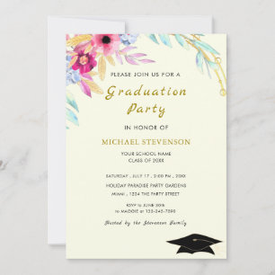 Watercolor Flower Gold Graduation Invitation Card