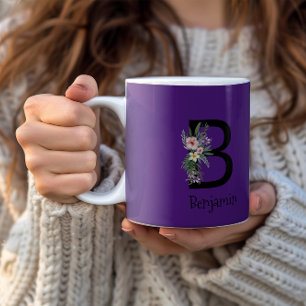 Watercolor flower initial purple coffee mug