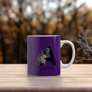 Watercolor flower letter purple coffee mug