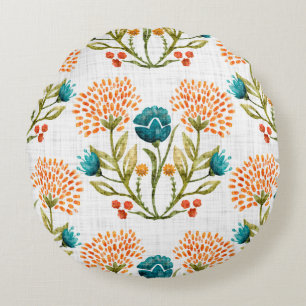 Watercolor flower motif background. Hand painted e Round Cushion