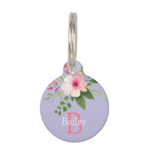 Watercolor Flower, Name & Initial on Lavender Pet Tag