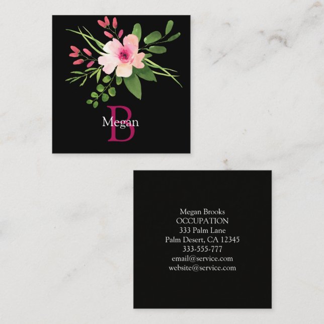 Watercolor Flower, Name, Monogram & Info on Black Calling Card (Front/Back)