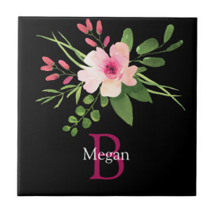 Watercolor Flower, Name & Monogram on Black Ceramic Tile