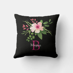 Watercolor Flower, Name & Monogram on Black Cushion