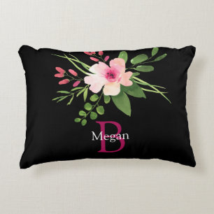 Watercolor Flower, Name & Monogram on Black Decorative Cushion