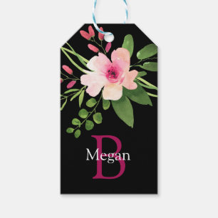 Watercolor Flower, Name & Monogram on Black Gift Tags