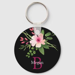 Watercolor Flower, Name & Monogram on Black Key Ring
