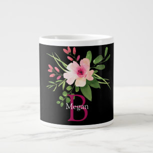 Watercolor Flower, Name & Monogram on Black Large Coffee Mug