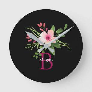 Watercolor Flower, Name & Monogram on Black Round Clock