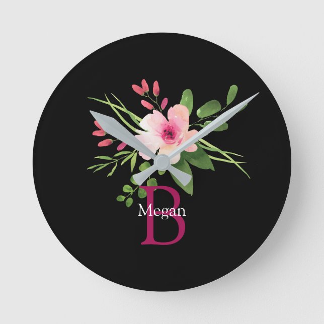 Watercolor Flower, Name & Monogram on Black Round Clock (Front)