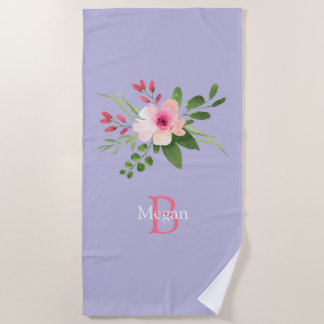 Watercolor Flower, Name & Monogram on Lavender Beach Towel