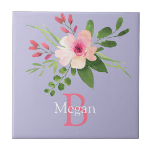 Watercolor Flower, Name & Monogram on Lavender Ceramic Tile