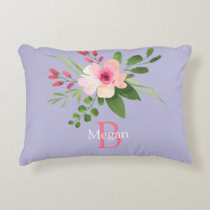 Watercolor Flower, Name & Monogram on Lavender Decorative Cushion