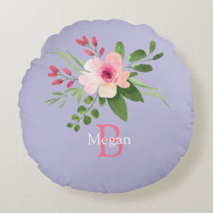 Watercolor Flower, Name & Monogram on Lavender Round Cushion