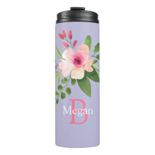 Watercolor Flower, Name & Monogram on Lavender Thermal Tumbler