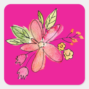 Watercolor Flower On Neon Pink Square Sticker
