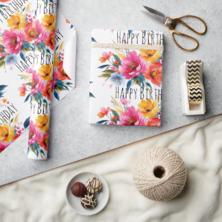 Watercolor Flower Pattern | Modern Bright Floral  Wrapping Paper