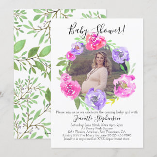 Watercolor Flower Photo Girl Baby Shower Invitation