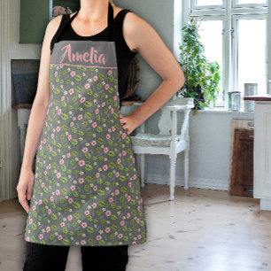 Watercolor flower pink green grey pattern apron
