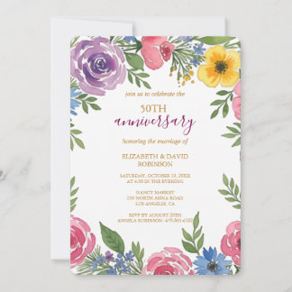 watercolor flower renewal 50th anniversary wedding invitation