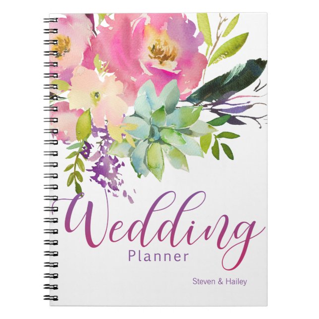 Watercolor  Flower Succulent Wedding Planner Notebook (Front)