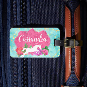 Watercolor Flower Unicorn Pink Blue Girls Name Luggage Tag
