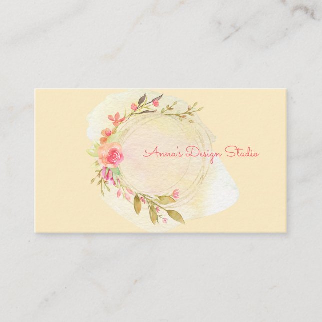 Watercolor Flower Wreath Business Card (Front)