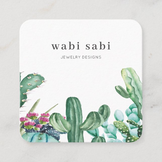 Watercolor Flowering Cactus Social Media Square Bu Business Card (Front)
