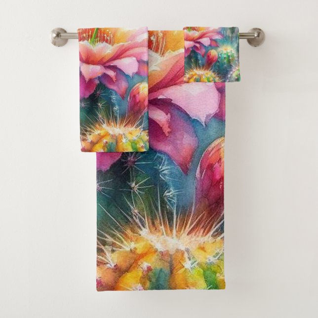 Watercolor Flowering Succulent Cacti Bath Towel Set (Insitu)