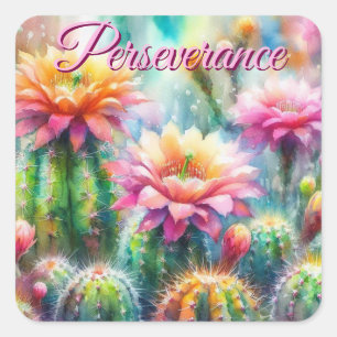 Watercolor Flowering Succulent Cacti Cactus Pink Square Sticker