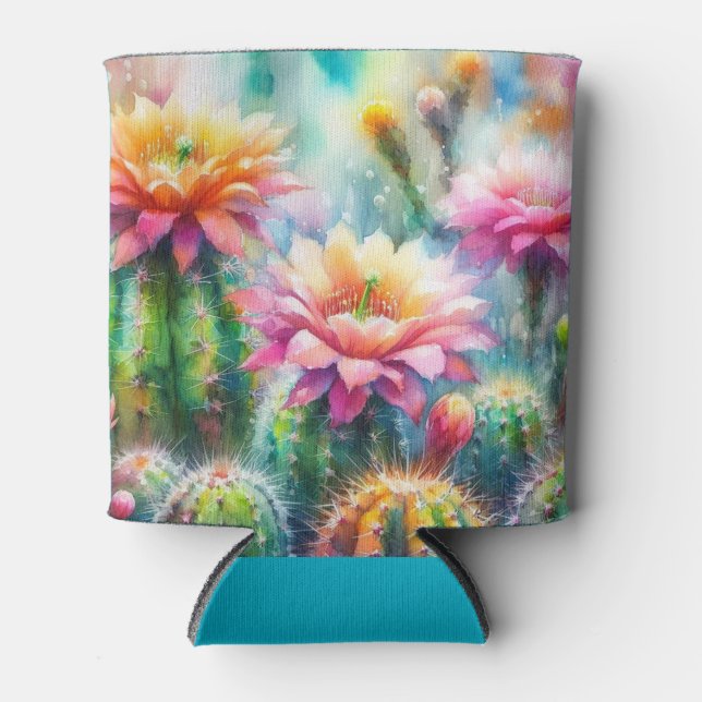 Watercolor Flowering Succulent Cacti Can Cooler (Front)