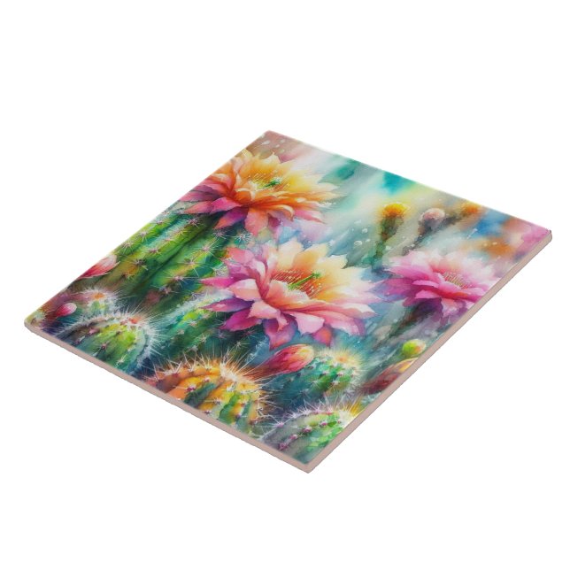Watercolor Flowering Succulent Cacti Ceramic Tile (Side)