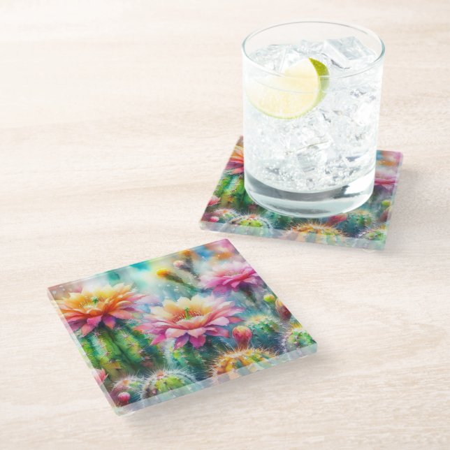 Watercolor Flowering Succulent Cacti Glass Coaster (Angled)