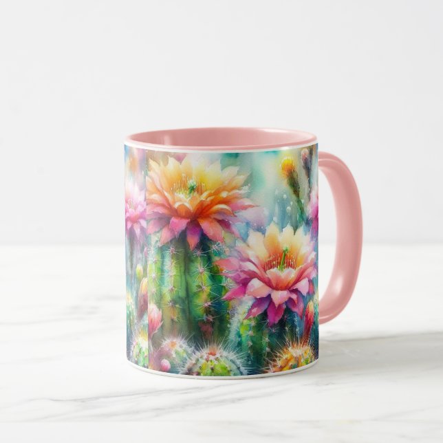 Watercolor Flowering Succulent Cacti Mug (Front Right)