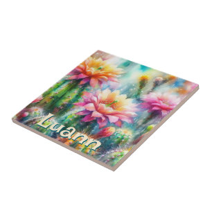 Watercolor Flowering Succulent Cacti Personalised Ceramic Tile