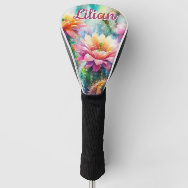 Watercolor Flowering Succulent Cacti Personalised Golf Head Cover (Front)