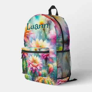 Watercolor Flowering Succulent Cacti Personalised Printed Backpack