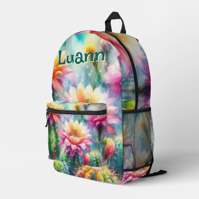Watercolor Flowering Succulent Cacti Personalised Printed Backpack (Back Corner Right)