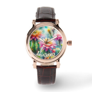 Watercolor Flowering Succulent Cacti Personalised Watch