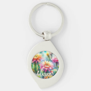 Watercolor Flowering Succulent Cacti Personalized Key Ring