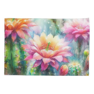 Watercolor Flowering Succulent Cacti Pillowcase