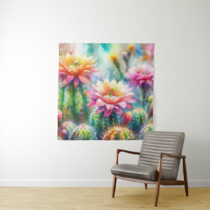 Watercolor Flowering Succulent Cacti Tapestry