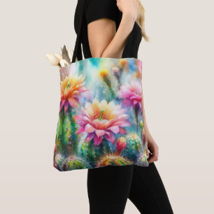 Watercolor Flowering Succulent Cacti Tote Bag