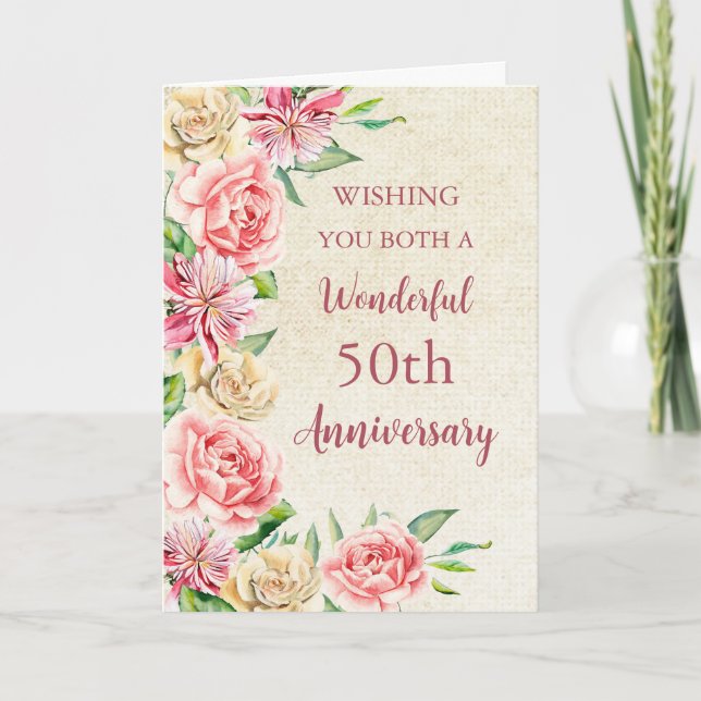 Watercolor Flowers 50th Wedding Anniversary Card (Front)