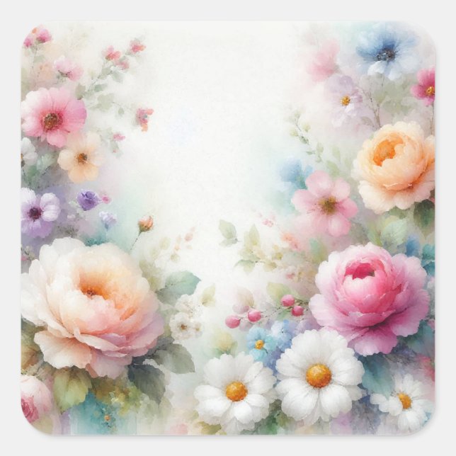 Watercolor Flowers Add Your Text Blank Template Square Sticker (Front)