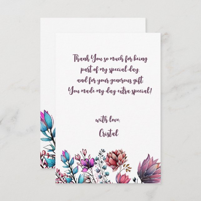Watercolor Flowers adults Birthday  Thank You Card (Front/Back)