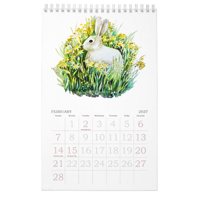 Watercolor flowers and animals Calendar (Feb 2027)