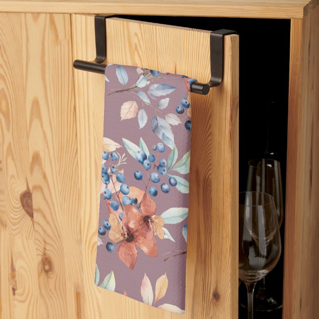 Watercolor Flowers and Berries on Mauve Tea Towel (Thirds Fold)